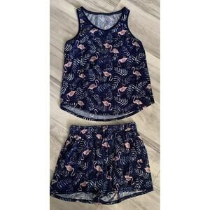Croft & Barrow Womens Intimates Short Pajama Set Sz S Navy Blue Flamingos